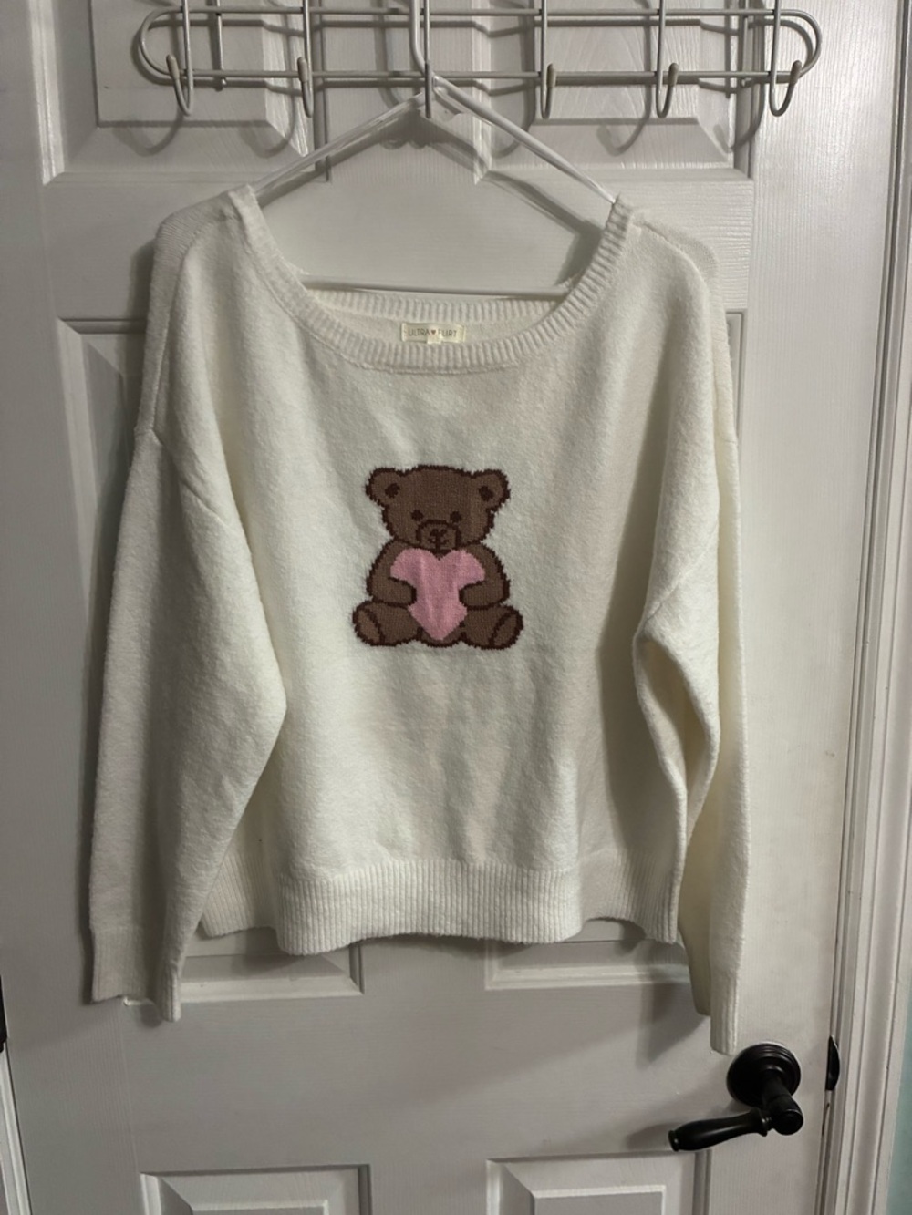Ultra Flirt Ivory Crewneck Sweater with Brown Teddy Holding Pink Heart